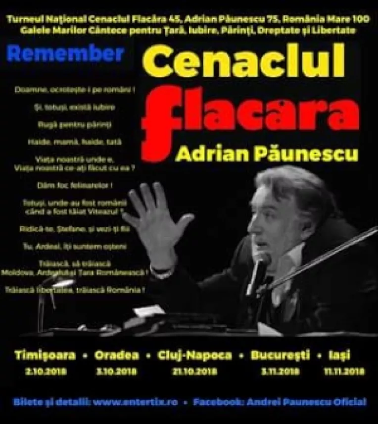 PROGRAMUL TURNEULUI NATIONAL CENACLUL FLACARA 45,  ADRIAN PAUNESCU 75, ROMANIA MARE 100
